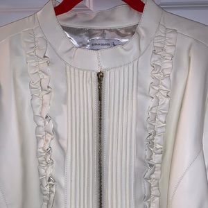 NEW Susan Graver Leather Jacket w/Ruffles,  Ivory, L